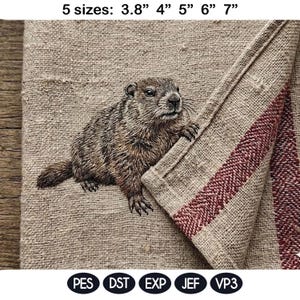 Puede incluir: Una tela de lino beige con un bordado detallado de marmota. La tela tiene un borde a rayas rojas y blancas. El texto "5 sizes: 3.8" 4" 5" 6" 7"" está en la parte superior. La parte inferior de la imagen muestra el texto "PES DST EXP JEF VP3".