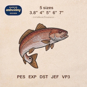 May include: An embroidered design of a redfish, with detailed scales and fins. The design is available in five sizes, ranging from 3.8 inches to 7 inches. The design includes the text "MACHINE EMBROIDERY DESIGN" and file types PES, EXP, DST, JEF, and VP3.