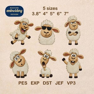May include: Machine embroidery design featuring six cartoon sheep in various poses. The designs are available in five sizes, ranging from 3.8" to 7". The image includes the text "MACHINE embroidery DESIGN" and file type abbreviations.