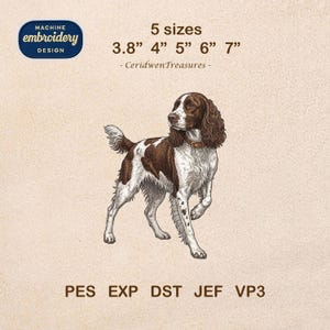May include: Machine embroidery design featuring a brown and white dog illustration. The design is available in 5 sizes: 3.8", 4", 5", 6", and 7". The design includes the text "MACHINE EMBROIDERY DESIGN" and file types PES, EXP, DST, JEF, and VP3.