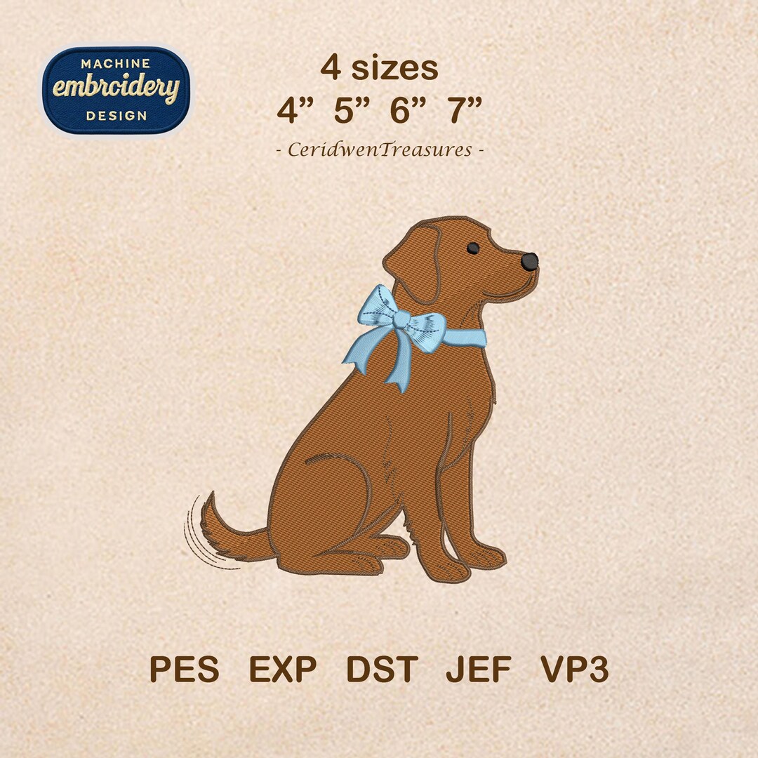 Labrador Retriever Embroidery Design With Bow, Cute Lab Dog Machine ...