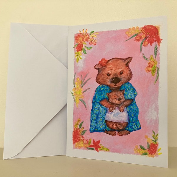 Mother’s Day Card Wombat Mum and Baby, Cute Animal Card, C6 Card Art Print, Greeting Card Gift