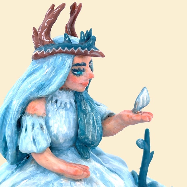 Handmade Polymer Clay Ice Queen Winter Nymph Fantasy Fairy Sculpture - Clay Miniature Mythical Figurine - Pretty Home Décor