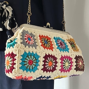 Handmade Crochet Granny Square Clutch: Vintage Kiss Lock Evening Bag