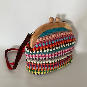 Turquoise Granny Crochet Claps Purse Wooden Kiss Lock Clutch Colorful Crochet Vintage Clutch image 1