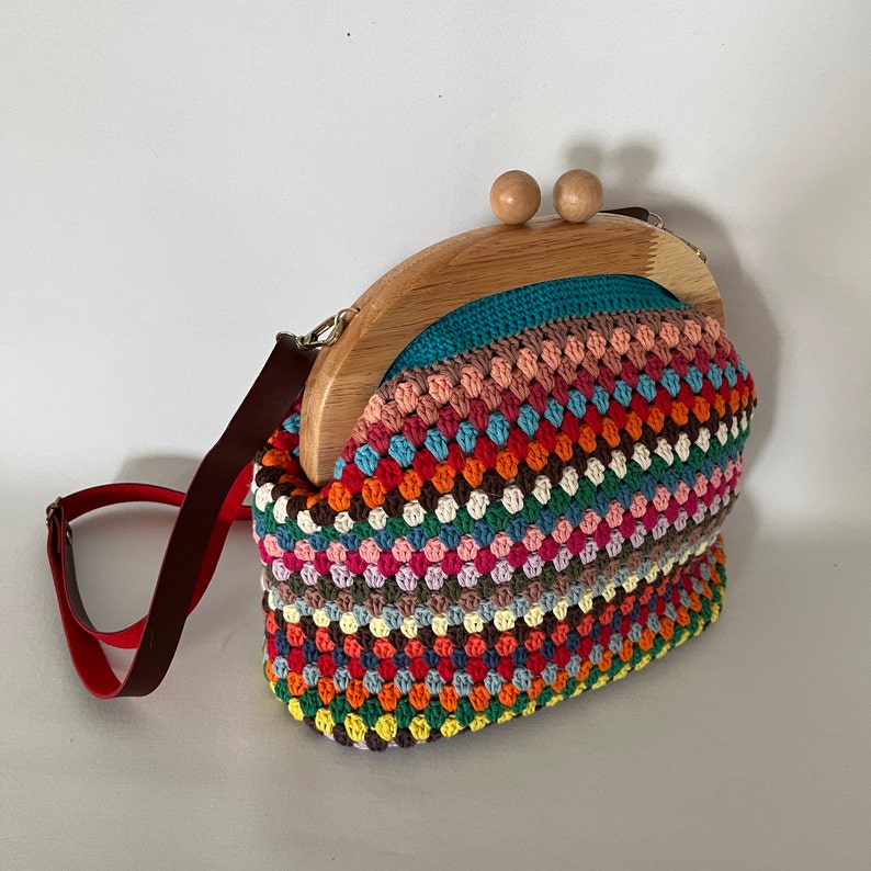 Turquoise Granny Crochet Claps Purse Wooden Kiss Lock Clutch Colorful Crochet Vintage Clutch image 1