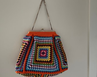 Colorful Granny Square Bag, Large Crochet Purse with Brass Kiss Lock Frame, Crochet Bauletto, Straordinary Big Granny Square Bag