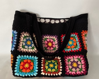 Boho Crochet Tote Bag in Black - Big Granny Square Design - Colorful Handmade Retro Shoulder Bag
