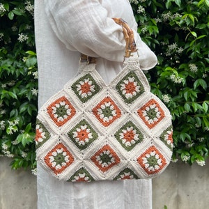 Handmade Granny Square Crochet Bag: Bohemian Bamboo Handle Tote