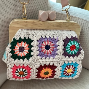 Handmade Crochet Granny Square Clutch: Wooden Kiss Lock, Vintage Style