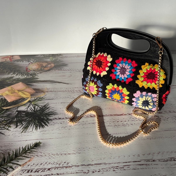 Black Crochet Granny Square Clutch: Vintage Wooden Frame Bag
