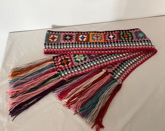 Granny Square Crochet Long Scarf, Crochet Scarf with Tassel, Unique and Custom Handmade Gift Ideas