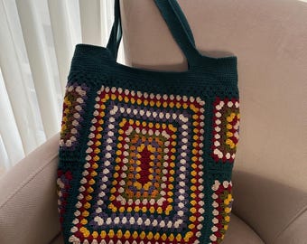 Handgemachte häkeln Oma Quadrat Einkaufstasche: Dunkelgrüne Boho Schultertasche