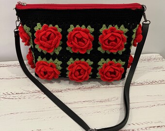 Granny Square Clutch-Shoulder-Crossbody Bag with a Red Rose Motifs, Unique and Ideal Gift for Mothers Day