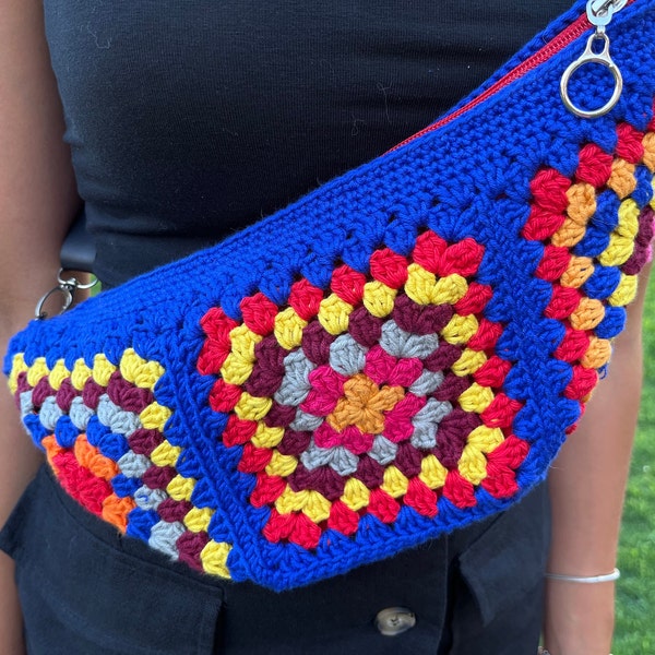 Handmade Crochet Granny Square Fanny Pack, Colorful Shoulder Bag, Artisanal Bum Bag in Bohemian Style, Gift for Her, Banane Sac