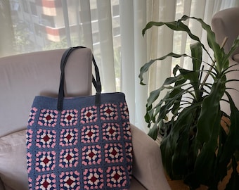 Boho Crochet Granny Square Tote Bag: Retro Cotton Shoulder Bag