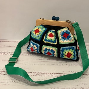 Handmade Crochet Granny Square Clutch: Retro Wooden Clasp Bag
