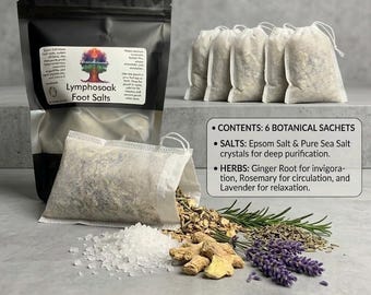 Lymphosoak Herbal Foot Soak Sachets - 6 Pack | No-Mess Epsom Salt Pedicure tea bag | Ginger, Rosemary & Lavender Foot Spa Self Care Gift