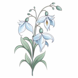 以下が含まれることがあります： 緑色の茎と葉を持つ、繊細な白い花がいくつか集まっている。花はベル型で、ブーケのようにアレンジされている。