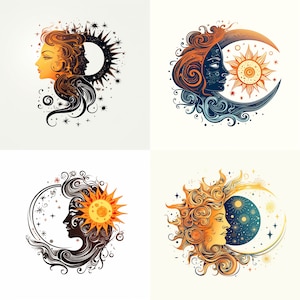 Peut inclure: Quatre illustrations du soleil et de la lune avec des visages. Chaque illustration est un design stylisé avec des détails complexes et une combinaison de couleurs orange, jaune, bleu et noir.