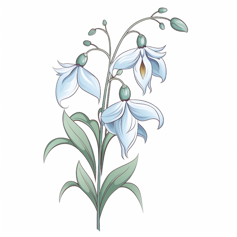 以下が含まれることがあります： 緑色の茎と葉を持つ、繊細な白い花が房になっている。花はベル型で、ブーケのようにアレンジされている。