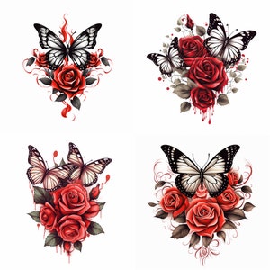 Tatuagem de Rosa e Borboleta - Flash de Tatuagem Digital, Design de Flor Realista para Mulheres, Arte Simples e Elegante de Rosa e Borboleta