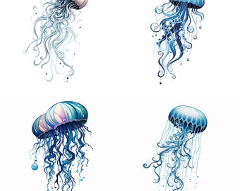 Jellyfish Print, Tattoo Design, Minimalist PNG, Simple, Realistic, Small Jellyfish Tattoo Ideas
