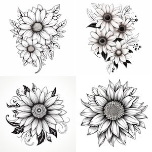 Black and White Sunflower Tattoo Ideas PNG | Coloring Pages, Tattoo Flash, Tattoo Stencils