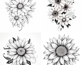 Black and White Sunflower Tattoo Ideas PNG | Coloring Pages, Tattoo Flash, Tattoo Stencils