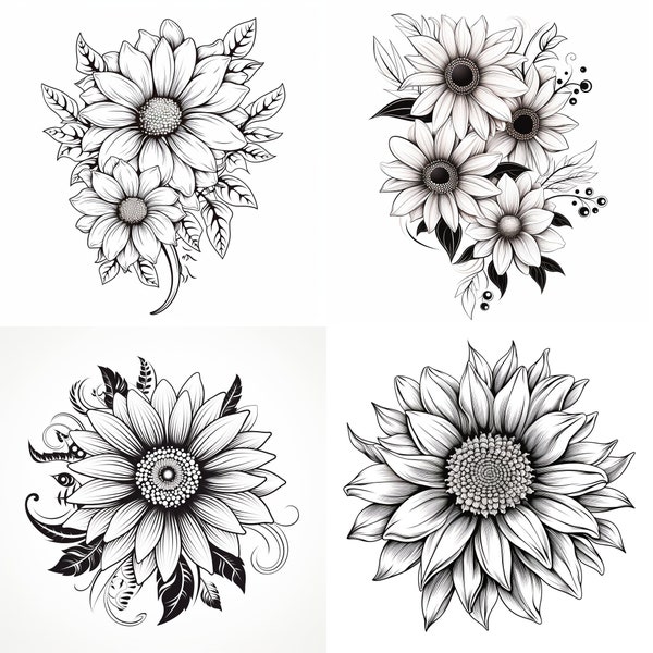 Black and White Sunflower Tattoo PNG | Sunflower Tattoo | Tattoo Flash Digital Download,Sunflower Tattoo Ideas | Tattoo Stencils