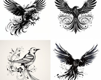 Small Black Bird Tattoo Ideas | Tattoo Stencil | Tattoo Flash Digital Download | Black Bird Tattoos | Flying Hawk Tattoo | Geometric Hawk