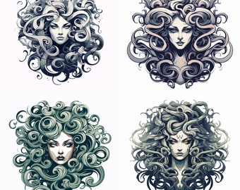 May include: Four digital illustrations of women with elaborate, swirling hairstyles. Each woman has a different facial expression and hair color, with shades of gray, green, and blue.