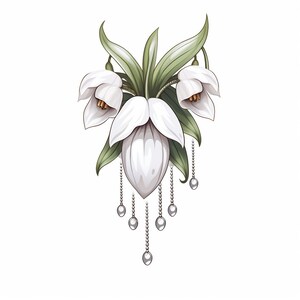 以下が含まれることがあります： 白いスノードロップの花束。緑の葉と真珠のようなビーズがついた銀色のチェーンが下からぶら下がっている。