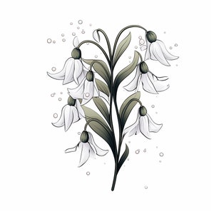 以下が含まれることがあります： 緑色の茎と葉を持つ白いスノードロップの花束。花は繊細で、ベルのような形をしています。