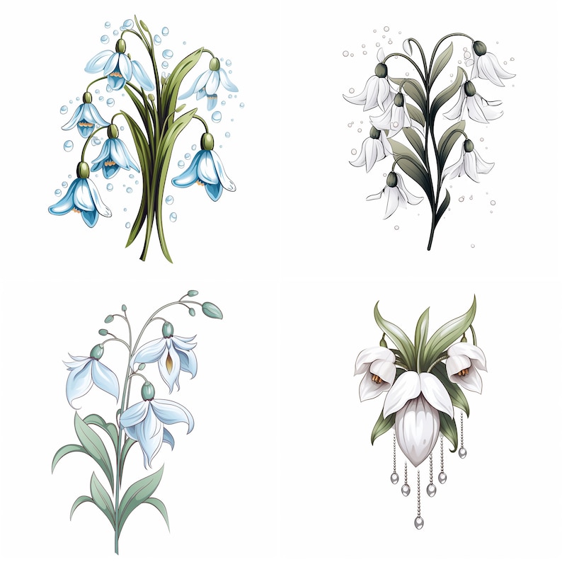 以下が含まれることがあります： 雪割草の花のイラストが4つあります。最初のイラストは、緑の葉と水滴がついた青い雪割草のブーケです。2番目のイラストは、緑の葉がついた白い雪割草のブーケです。3番目のイラストは、緑の葉がついた青い雪割草のブーケです。4番目のイラストは、緑の葉と銀色の鎖がついた白い雪割草のブーケです。