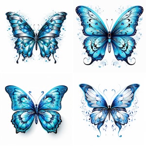 Blauer Schmetterling Tattoo Design PNG | Schwarz und Blau Schmetterling Tattoo Schablone | Tattoo Flash Digital Download, Tattoo Schablonen