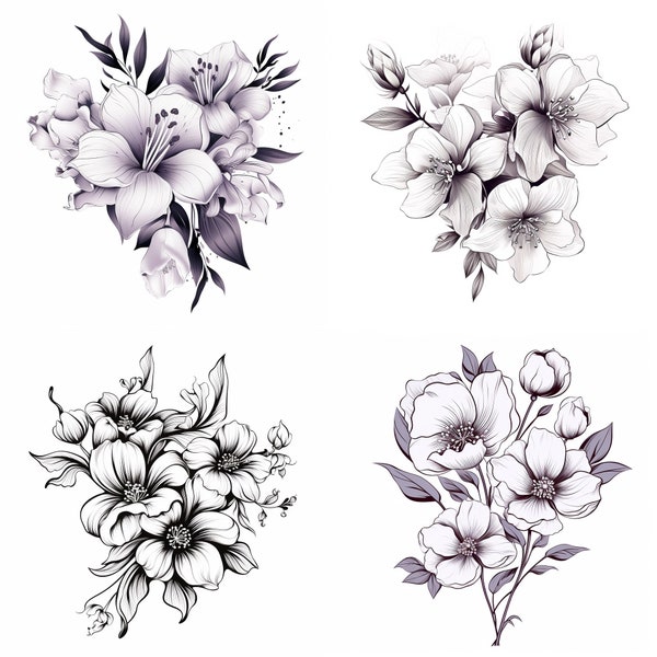 Violet Flower Tattoo Outline PNG Violet Flower Tattoo Flash, Birth Flowers Tattoo, Black and White Drawing Tattoo Stencils