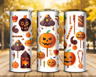 May include: Three white tumblers with a Halloween theme. Each tumbler features a different pattern of orange pumpkins, candy corn, chocolate, and other Halloween treats.
