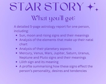 Op de afbeelding: Een paarse achtergrond met de tekst "STAR STORY" in wit. De tekst "What you'll get:" staat onder de titel. Een opsomming met punten beschrijft de inhoud van een 5-pagina astrologie rapport.