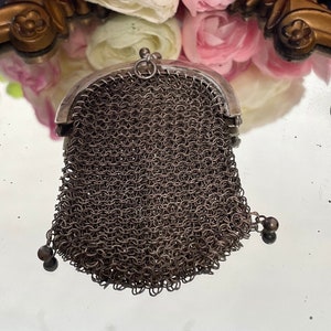 Antique French Silver Two Compartment Mesh Chatelaine Coin Purse Collectable Vintage Chain Mail Purse