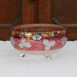 Bavarian Etched Crystal Vintage Fruit Bowl Red and Gold Decoration with Etched Vine and Leaf Design