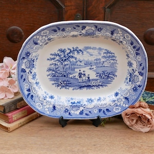 Antique English Ironstone 19th Century Blue & White Meat Platter Serving Dish Featuring Eton College Decorative Collectable China Ceramic