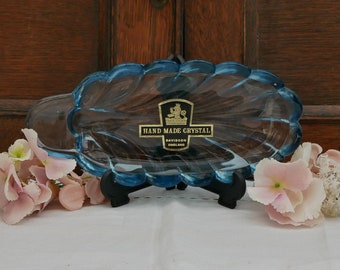 Davidson Handmade Vintage Blue Crystal Glass Dish Trinket Dish Decorative Collectable Glass Serving Dish