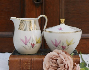 Ensemble de sucrier et crème en porcelaine bavaroise du milieu du siècle, décoration florale MCM, ensemble de lait et de sucre vintage crocus