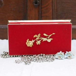 Red Velour Covered Vintage French Chocolate/Biscuit Tin with Gold Metal Rose Decoration and Gold Metal Trim Collectable Tin