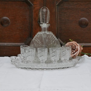 Bavarian Glass Vintage Liqueur Set Decanter Six Glasses and Tray Barware Aperitif Set Engraved Glass Collectable Drinking Glasses