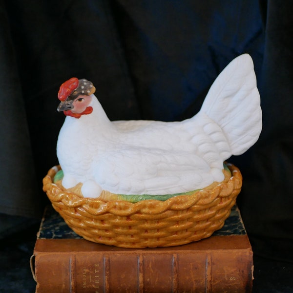 19th Century Antique Hand Painted Chicken on a Nest English China Decorative Egg Keeper Kitchen Decor Collectable China