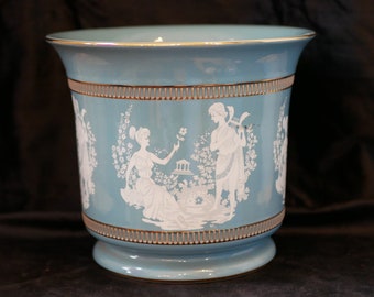 Neoclassical Vintage Italian Florentine Ceramic Jardinière Plant Pot Dark Duck Egg Blue with Gold Trim and neoclassical Scene Mid Century