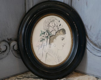 Late 19th Century French Antique Pen and Ink Drawing Elegant Lady in Original Frame