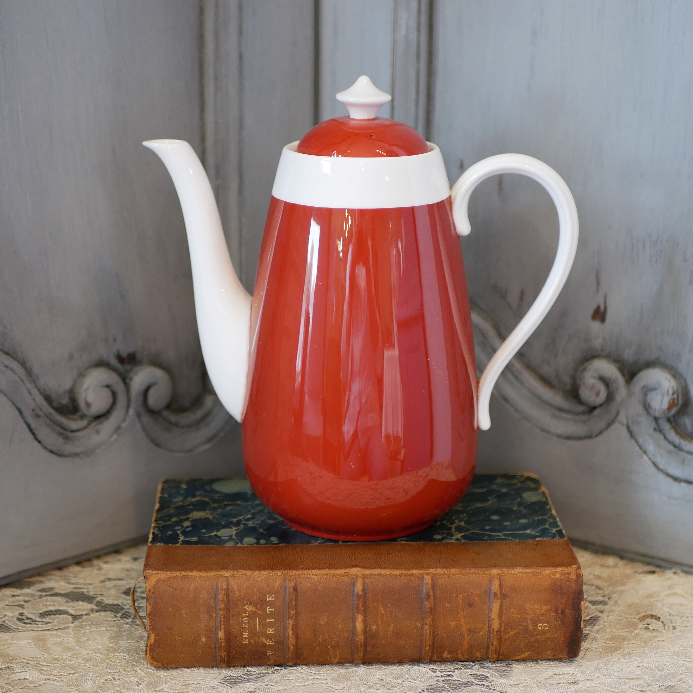 Mid Century Spode Vintage Coffee Pot White and Terracotta English